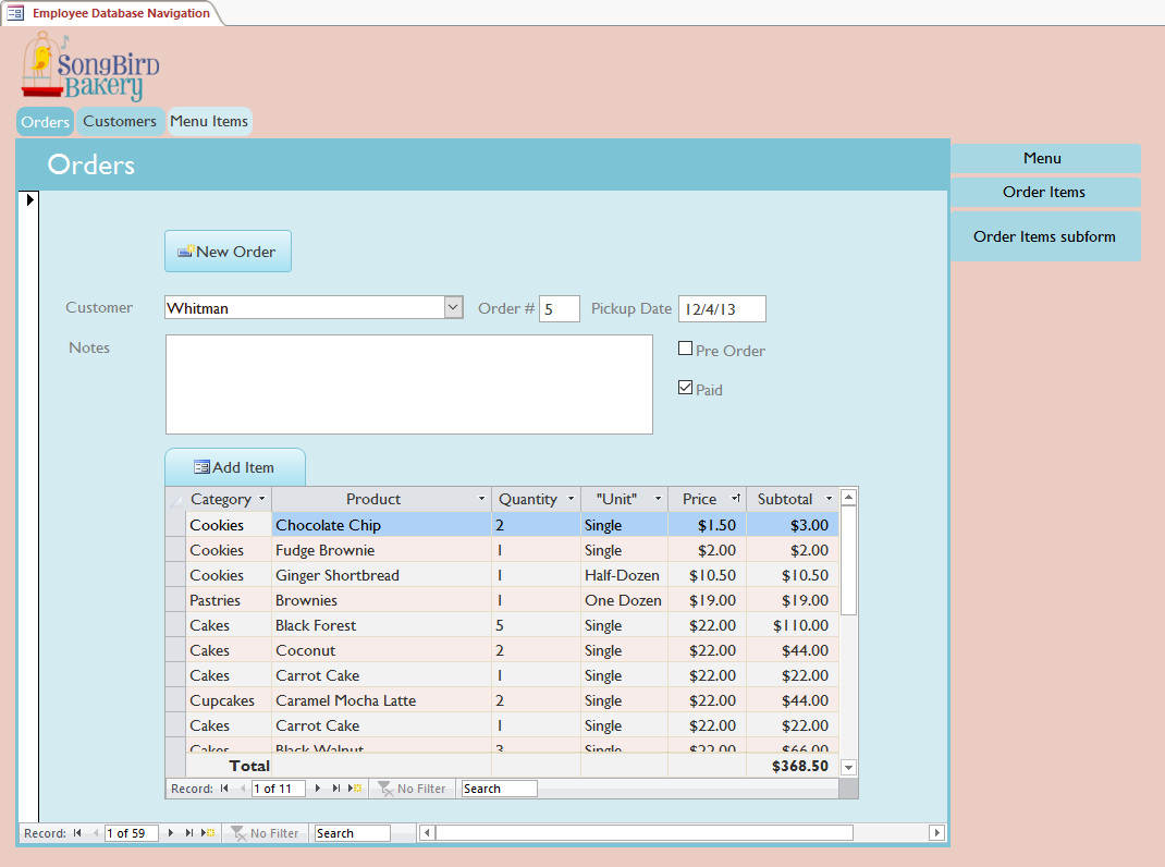 Viewing the Orders form using a navigation form