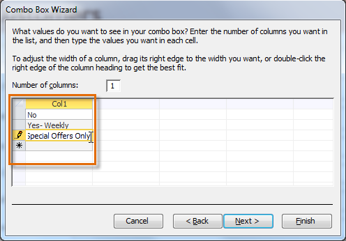 Choosing how many columns to include in the combo box's drop-down list and typing the options that will appear in that list 