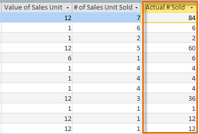 The calculated field shows the product of the two fields to its left