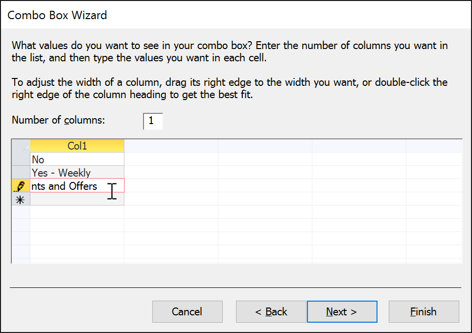 Choosing how many columns to include in the combo box's drop-down list and typing the options that will appear in that list 