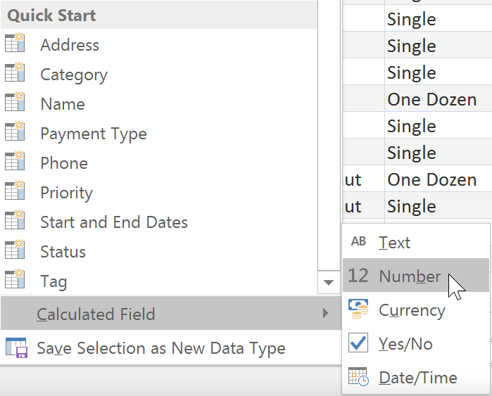 Selecting the calculated field type