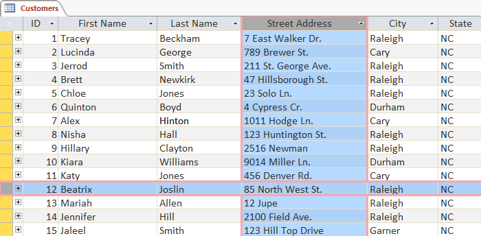 Rows and columns in an Access table