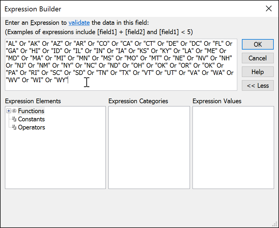 Typing our validation rule, which will contain every state postal code, each separated by the word "Or"