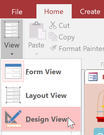 Switching to Design View with the View command on the Ribbon