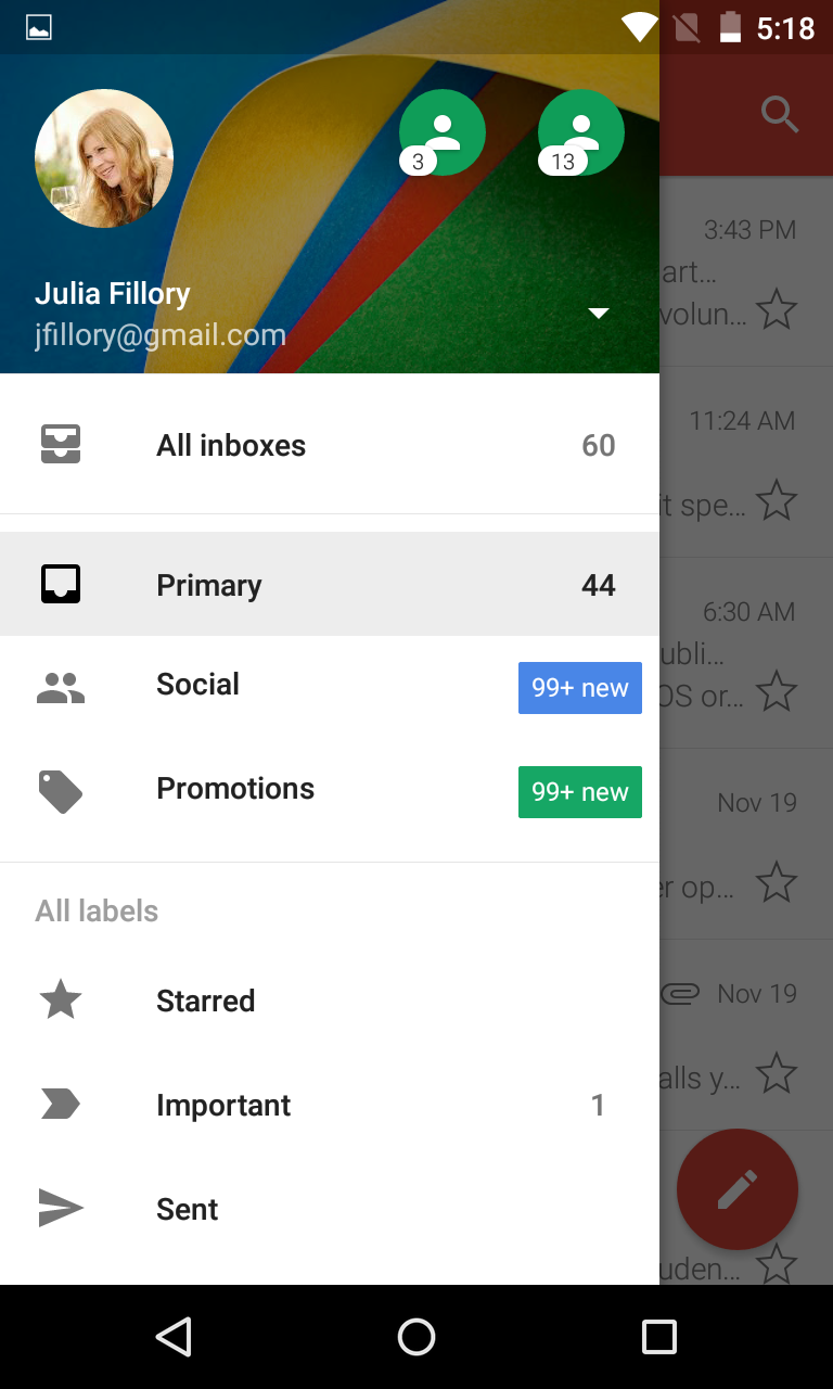 The menu in Gmail