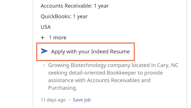 The feature Apply with your Indeed Resume is highlighted within a job opening.