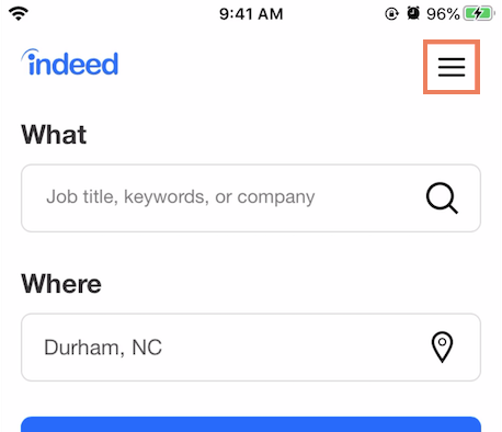 The menu button is highlighted in the top-right corner of the Indeed mobile app.