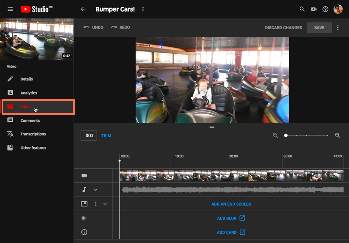 screenshot of the YouTube video editor