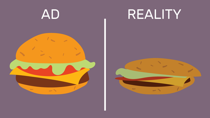 A comparison between a flawless burger from an ad, and an ugly, realistic burger.