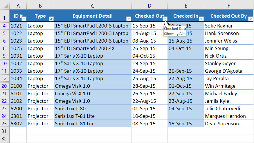 Dropdown arrows in the header row