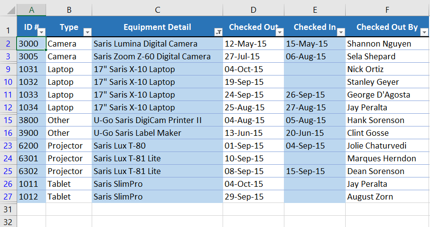 The search filter has been applied to the worksheet