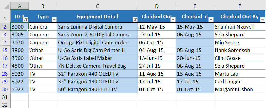 The number filter has been applied to the worksheet