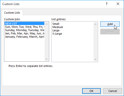 The Custom Lists dialog box