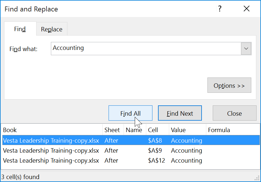 Selecting Find All to locate every instance of the search term