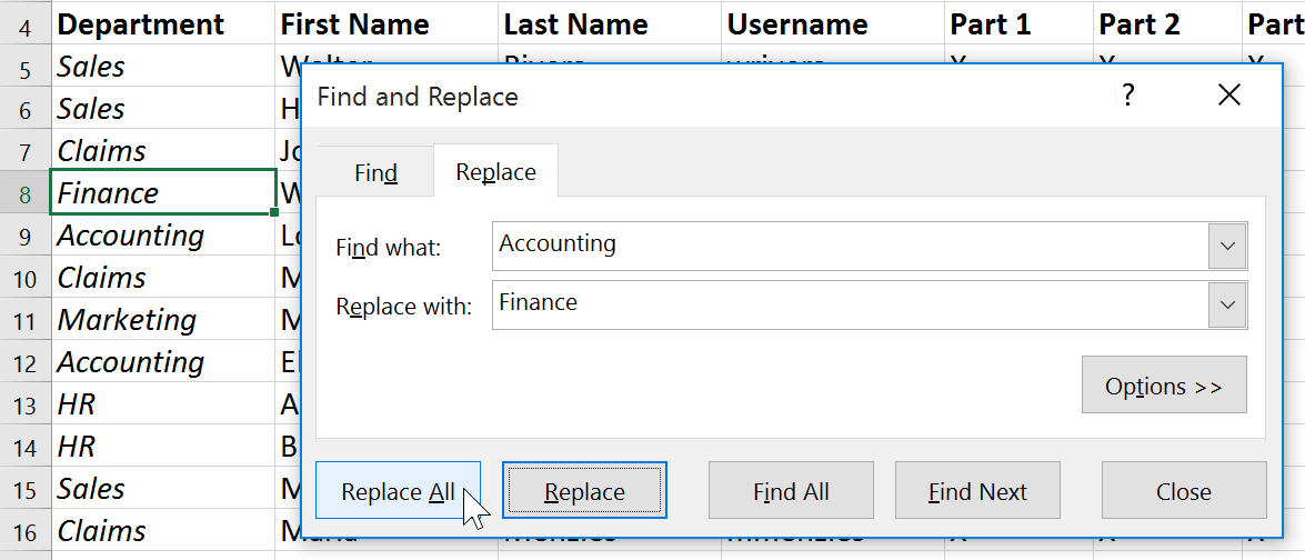 Clicking replace all