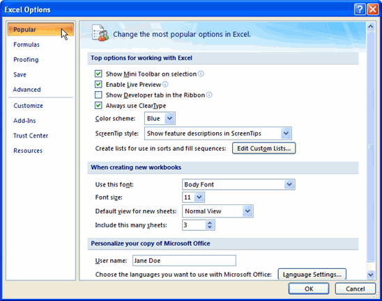 Excel Options