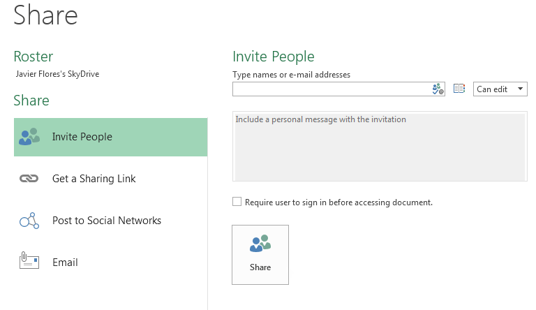 screenshot of the Share menu in Excel 2013