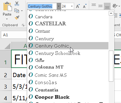 Selecting a font in the dropdown menu