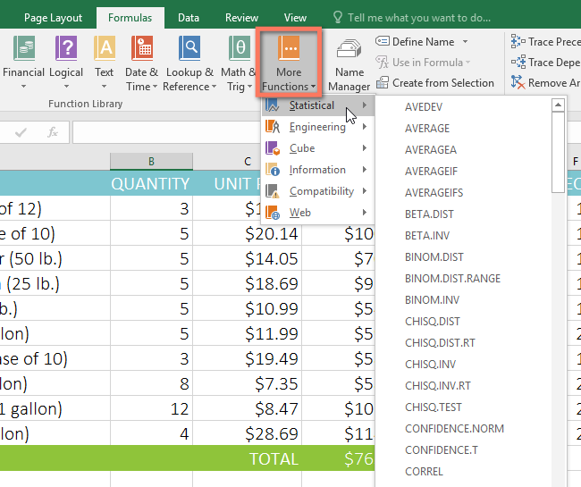 Selecting the More Functions / Statistical command