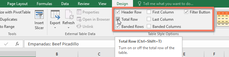 table style options