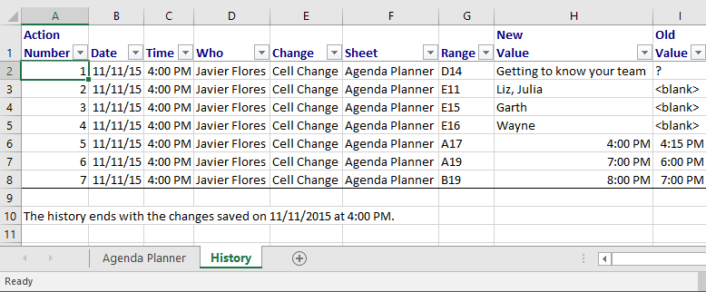 A summary of all changes on their own worksheet