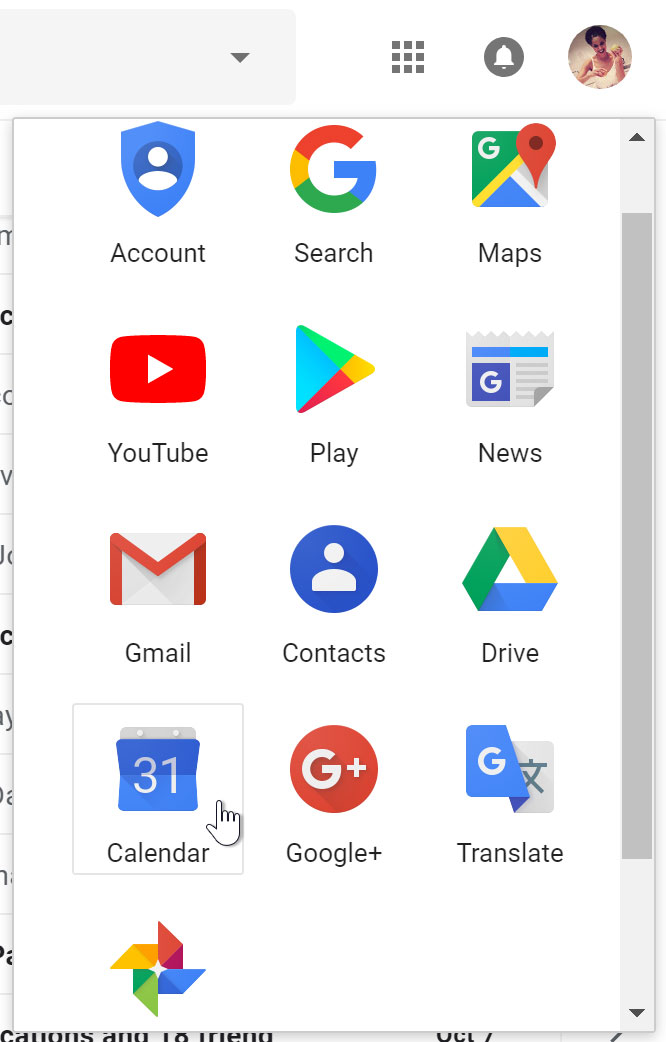 Google Calendar button on the Google menu