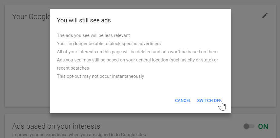 Clicking the Switch Off button to finish turning off ads based on interests