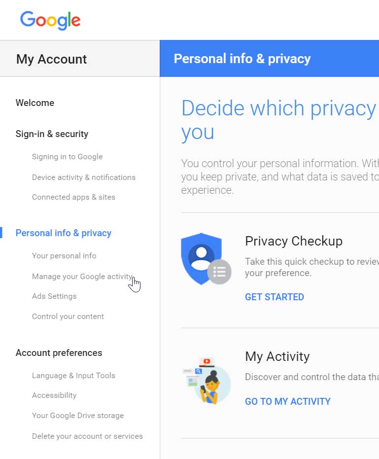 Clicking Manage your Google activity