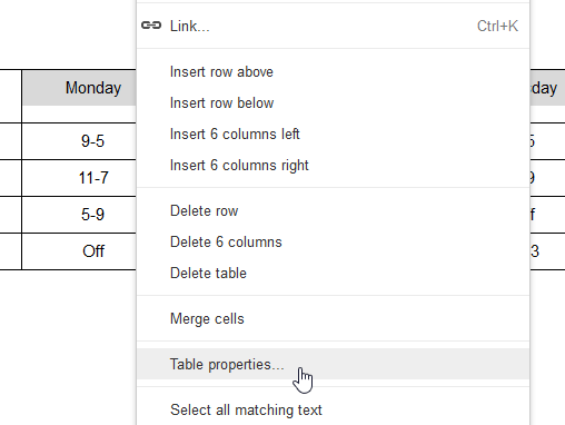 Clicking Table properties