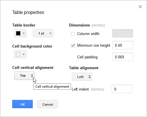 Clicking the Cell vertical alignment box