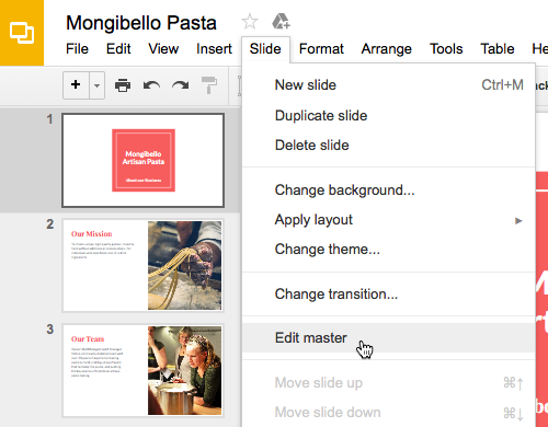 Clicking Edit master in the Slide menu