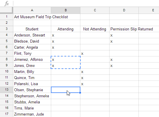 Choosing the destination for the copied cell