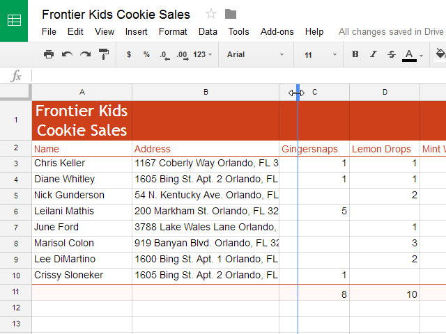 Increasing the column width