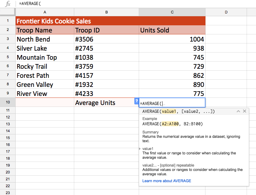 Google Sheets argument window