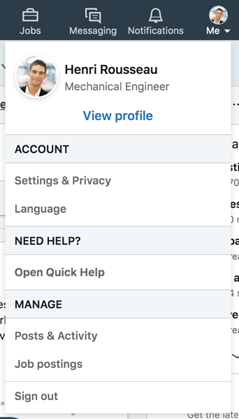 A screenshot of a LinkedIn Me icon menu