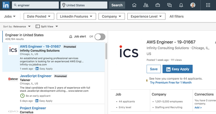 A screenshot of the LinkedIn Job Search tool.