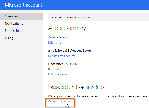 Screenshot of Microsoft account