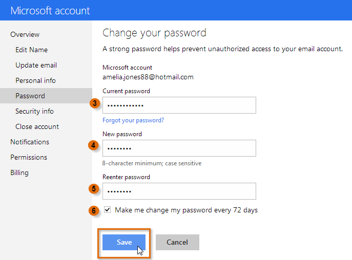 Screenshot of Microsoft account