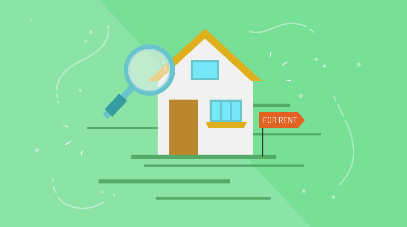 illustration of an apartment for rent with a magnifying glass over it