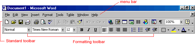 Word menubar, standard toolbar and formatting toolbar