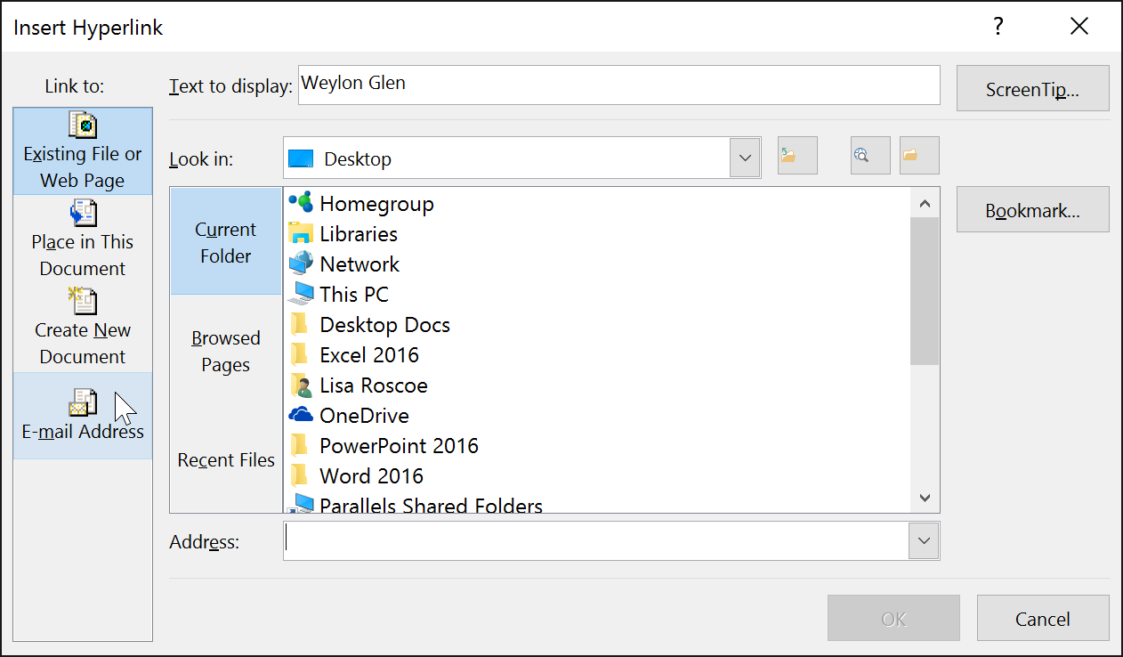 Insert Hyperlink dialog box