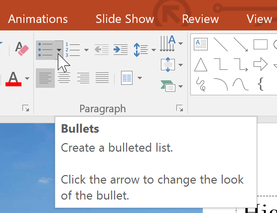 clicking the Bullets drop-down arrow