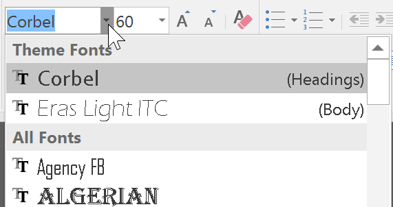 the Fonts menu