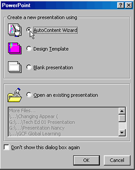 Choosing the AutoContent Wizard from PowerPoint Dialog Box
