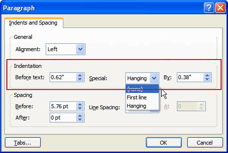 Paragraph Dialog Box