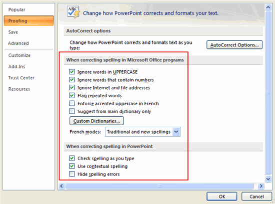 Proofing PowerPoint Options