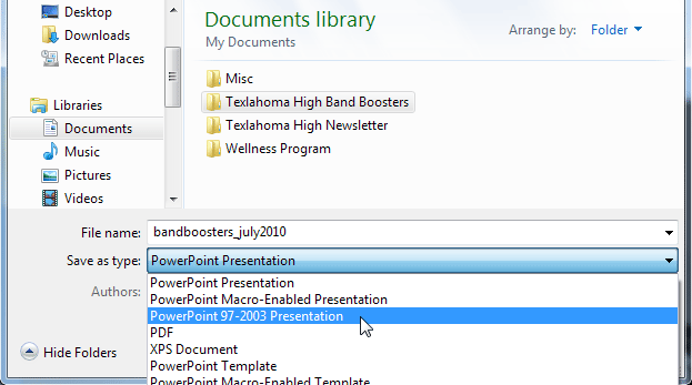 Saving as a PowerPoint 97-2003 presentation