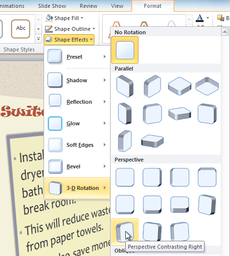 Choosing a 3-D rotation preset