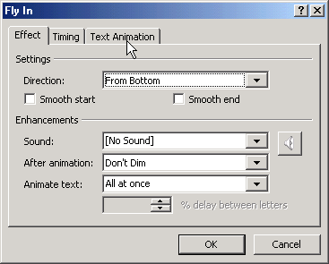 Dialog box with text animation tab selected