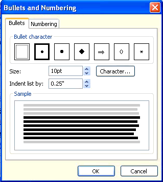 Bullets and numbering dialog box